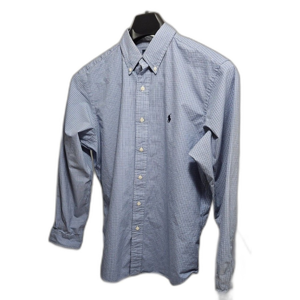 Ralph Lauren Button Down Shirt Men Large Blue Micro Check Classic Fit Long Slv